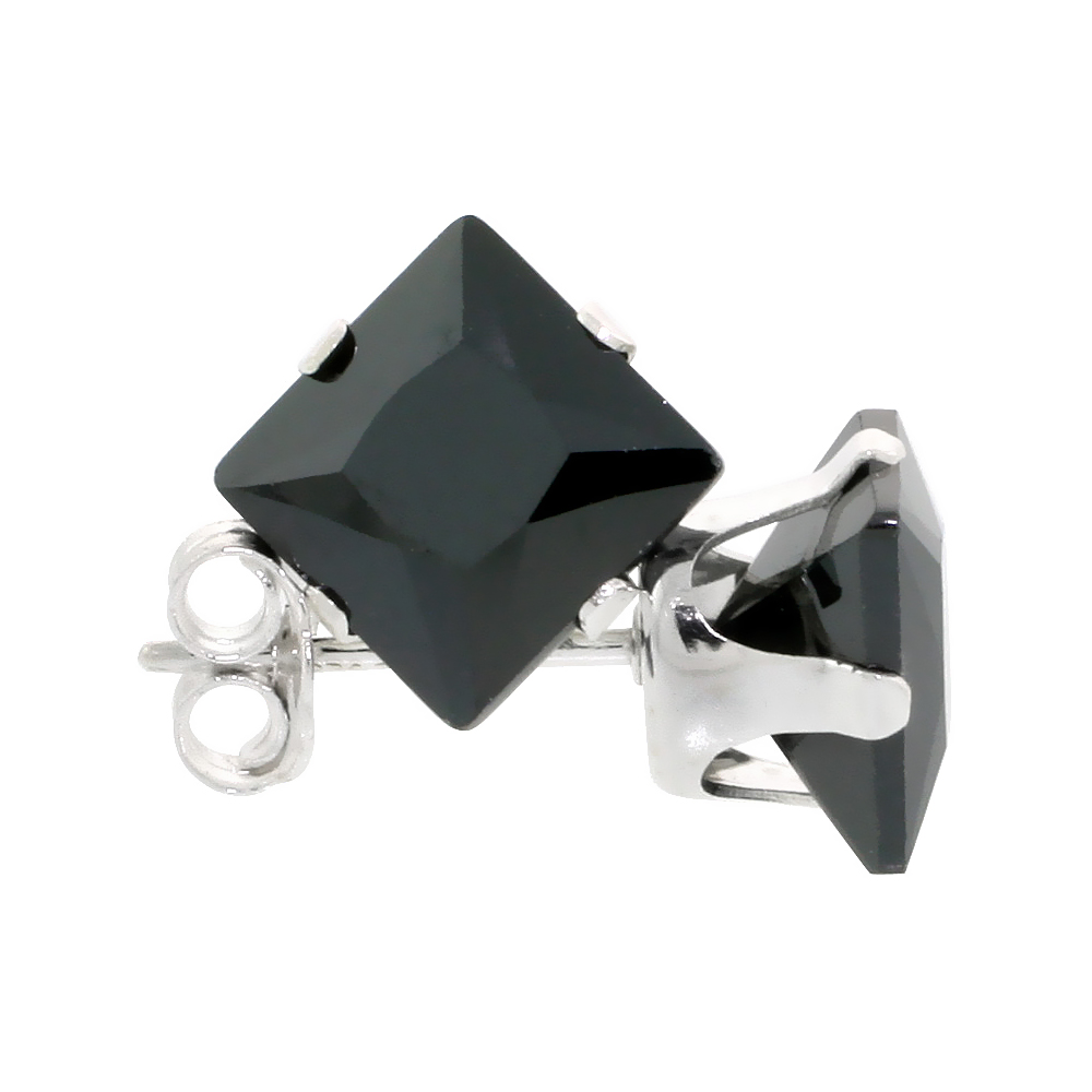 10 PAIR SET STERLING SILVER CUBIC ZIRCONIA SQUARE BLACK EARRINGS STUDS 7 MM PRINCESS CUT 4 CARAT/PAIR