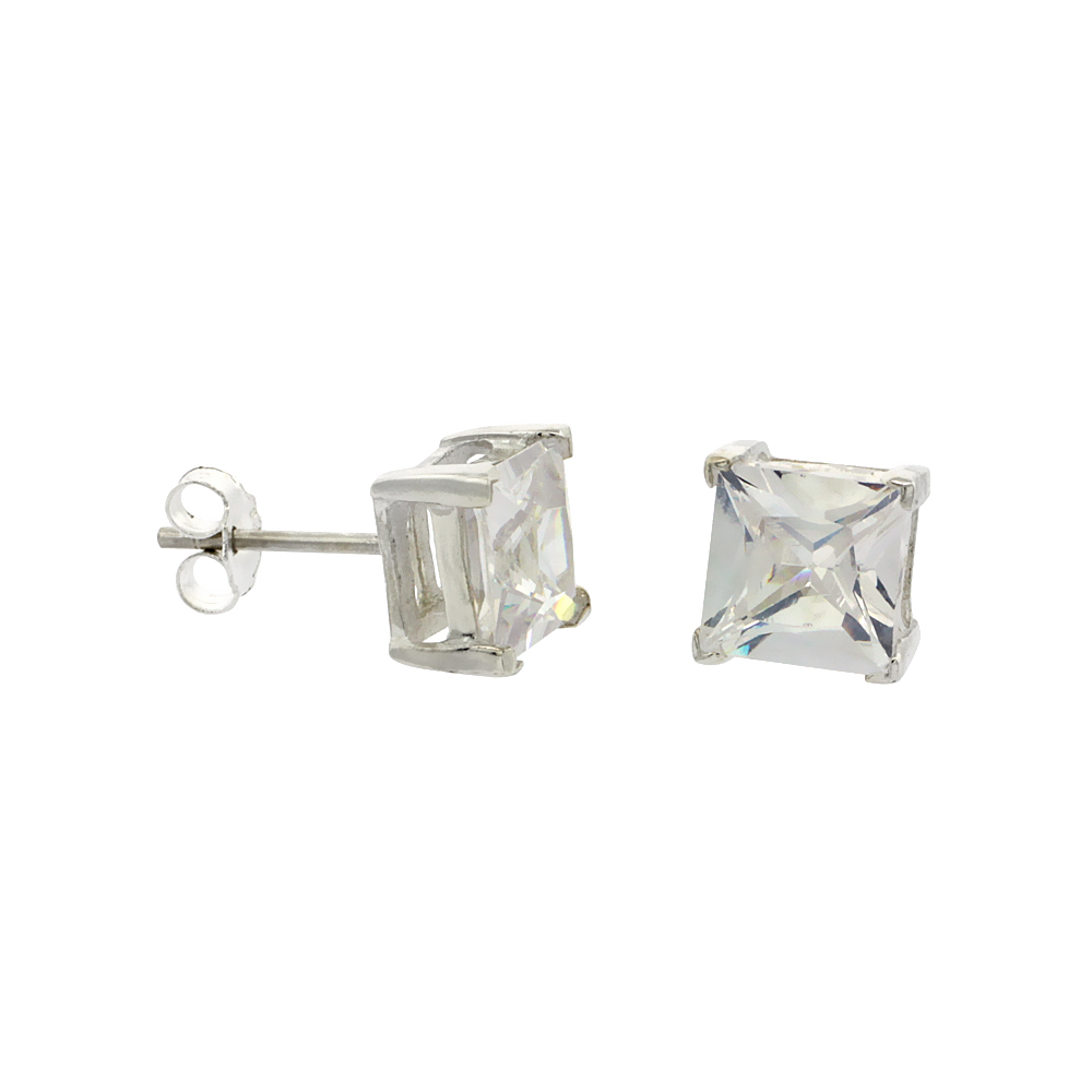 STERLING SILVER CUBIC ZIRCONIA SQUARE EARRINGS STUDS 7 MM PRINCESS CUT BASKET SETTING 4 CARAT/PAIR