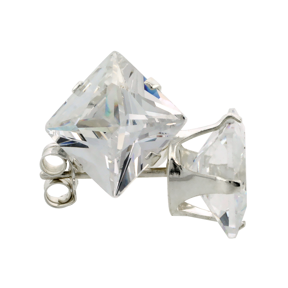 STERLING SILVER CUBIC ZIRCONIA SQUARE EARRINGS STUDS 4 PRONG 8 MM PRINCESS CUT 6 CARAT/PAIR