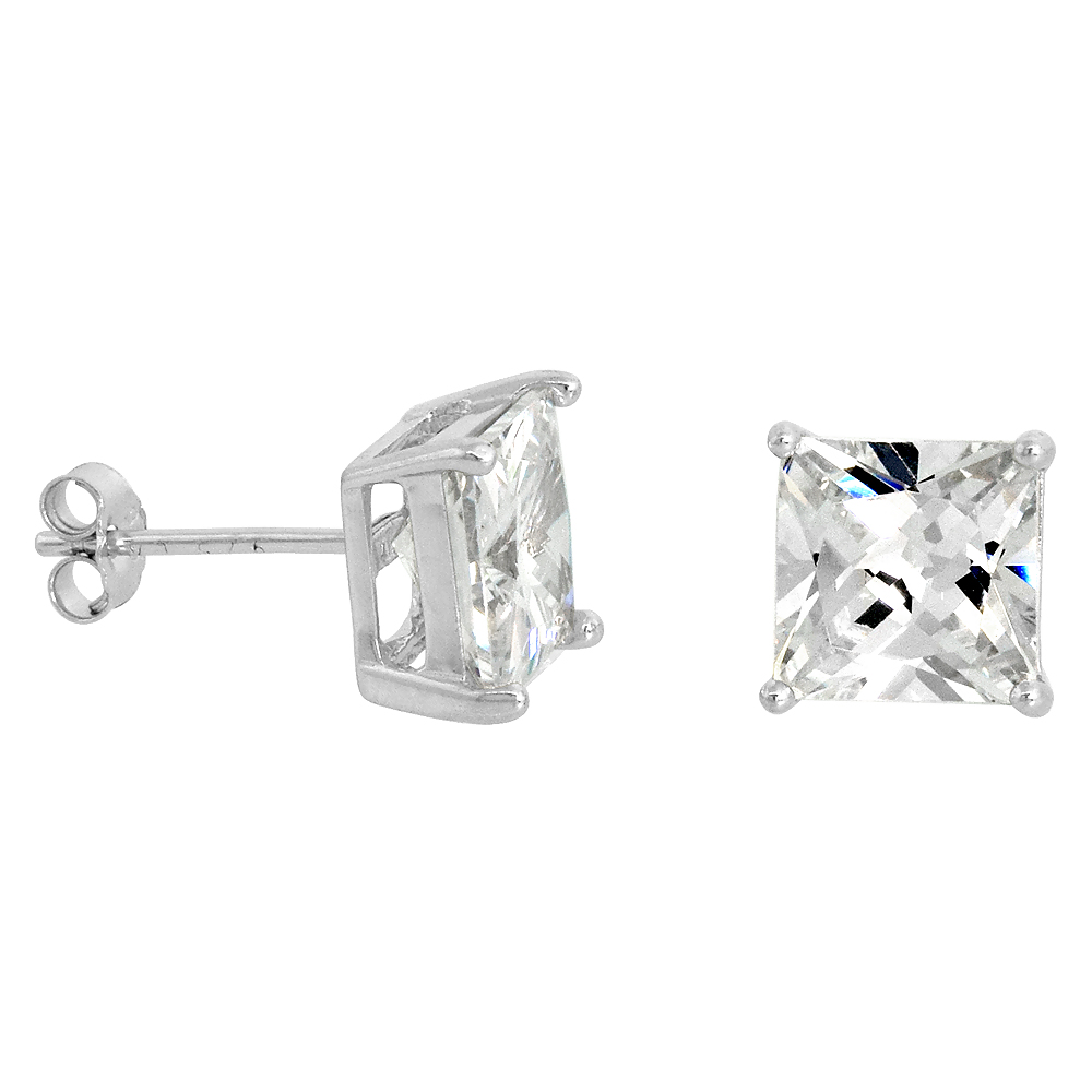 STERLING SILVER CUBIC ZIRCONIA SQUARE EARRINGS STUDS 8 MM PRINCESS CUT BASKET SETTING 6 CARAT/PAIR