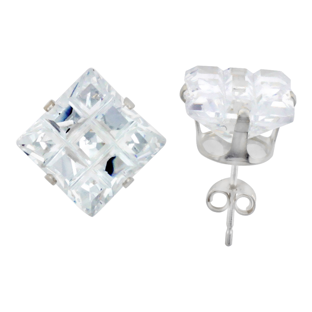 STERLING SILVER CUBIC ZIRCONIA INVISIBLE CUT SQUARE EARRINGS STUDS 10 MM 4 PRONG 11 CARAT/PAIR