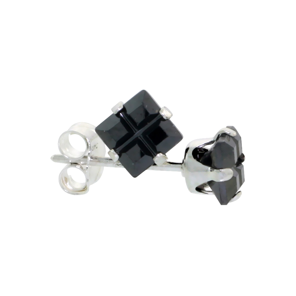 Sterling Silver Cubic Zirconia Invisible Cut Square Black Earrings Studs 3/4 carat/pair