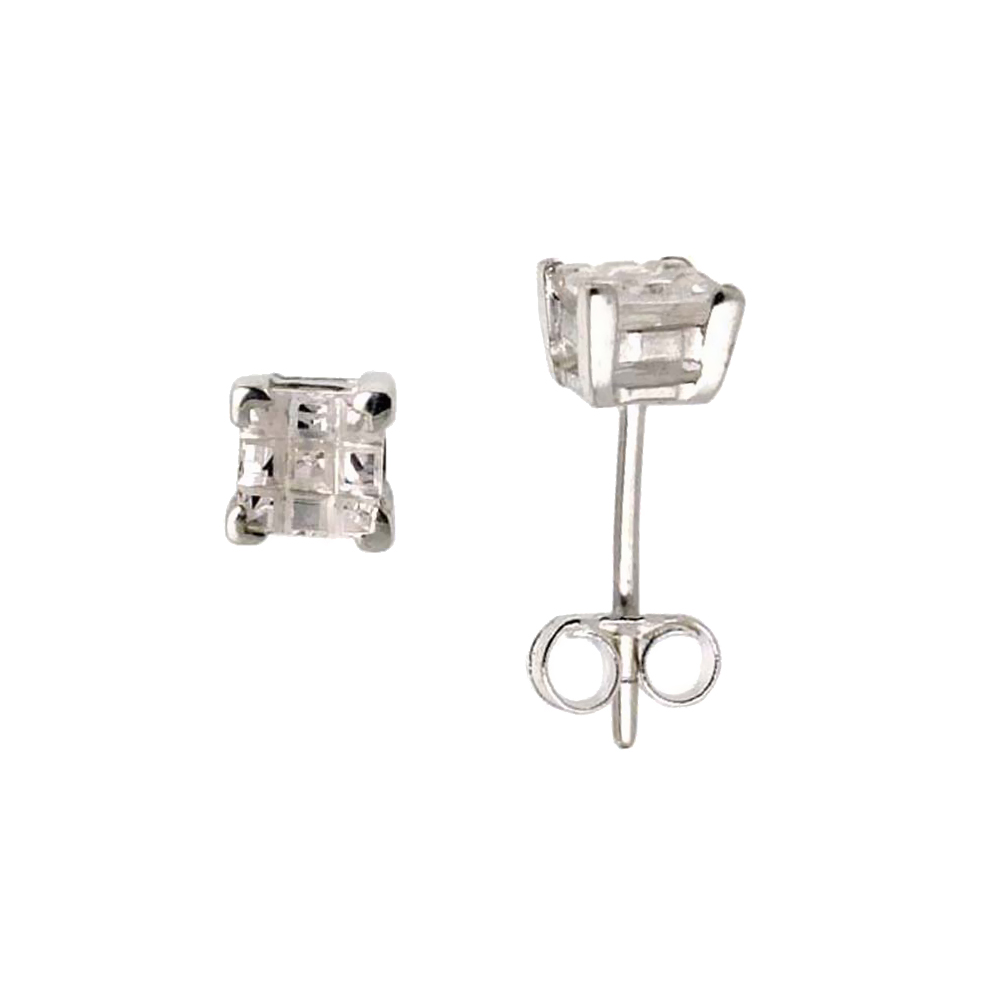 STERLING SILVER CUBIC ZIRCONIA INVISIBLE CUT SQUARE EARRINGS STUDS 4 MM BASKET SET 1/3 CARAT/PAIR