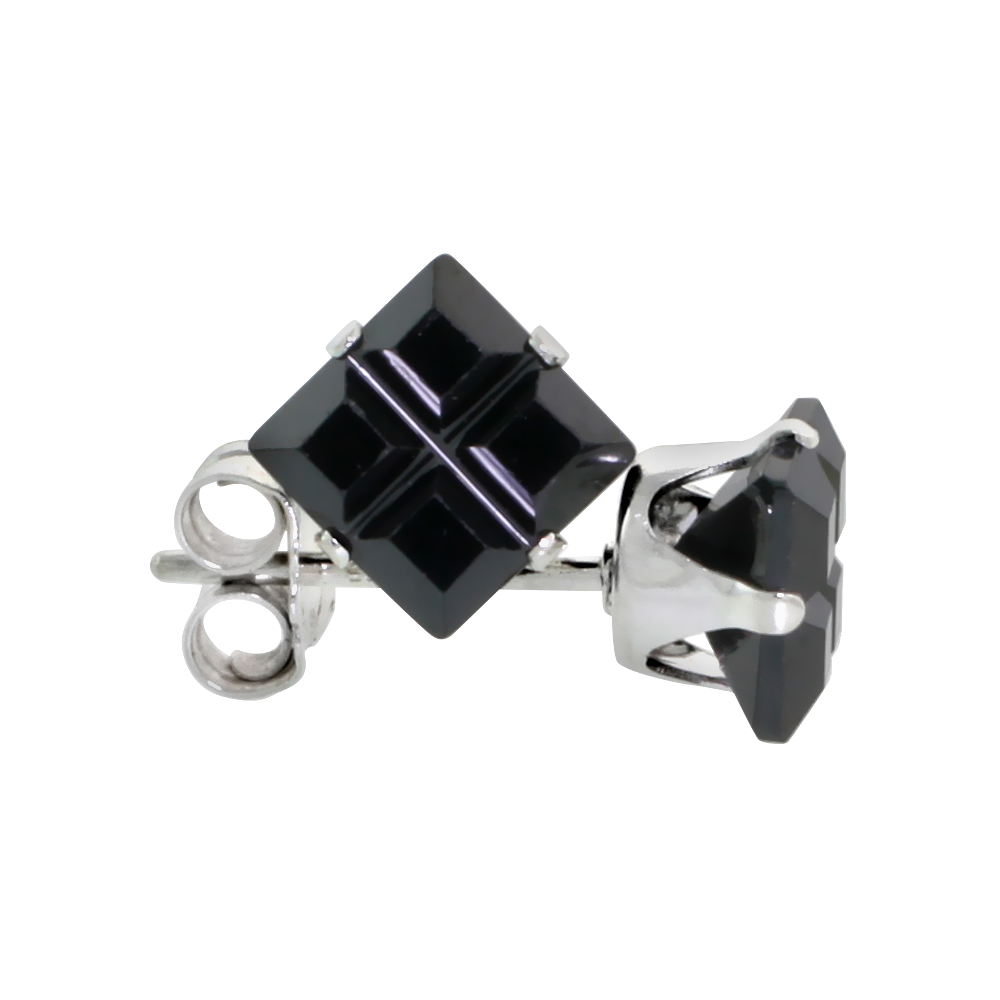 Sterling Silver Cubic Zirconia Invisible Cut Square Black Earrings Studs 1.5 carat/pair