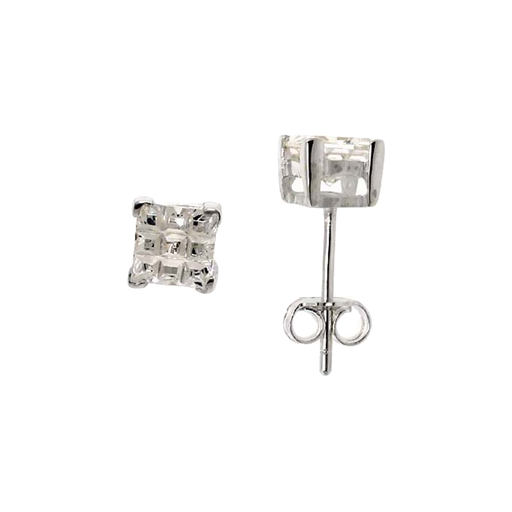 Sterling Silver Cubic Zirconia Invisible Cut Square Earrings Studs 5 mm Basket Set 1.5 carats/pair
