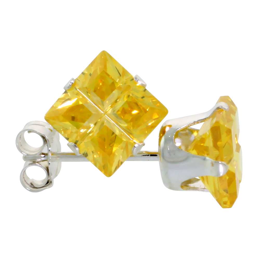 STERLING SILVER CUBIC ZIRCONIA INVISIBLE CUT SQUARE CITRINE EARRINGS STUDS YELLOW 4 CARAT/PAIR