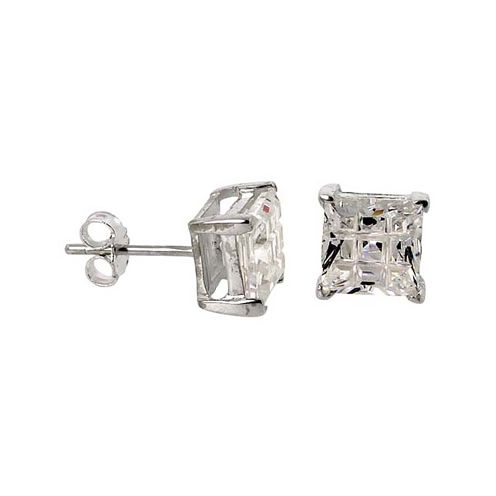Sterling Silver Cubic Zirconia Invisible Cut Square Earrings Studs 7 mm Basket Set 4 carat/pair