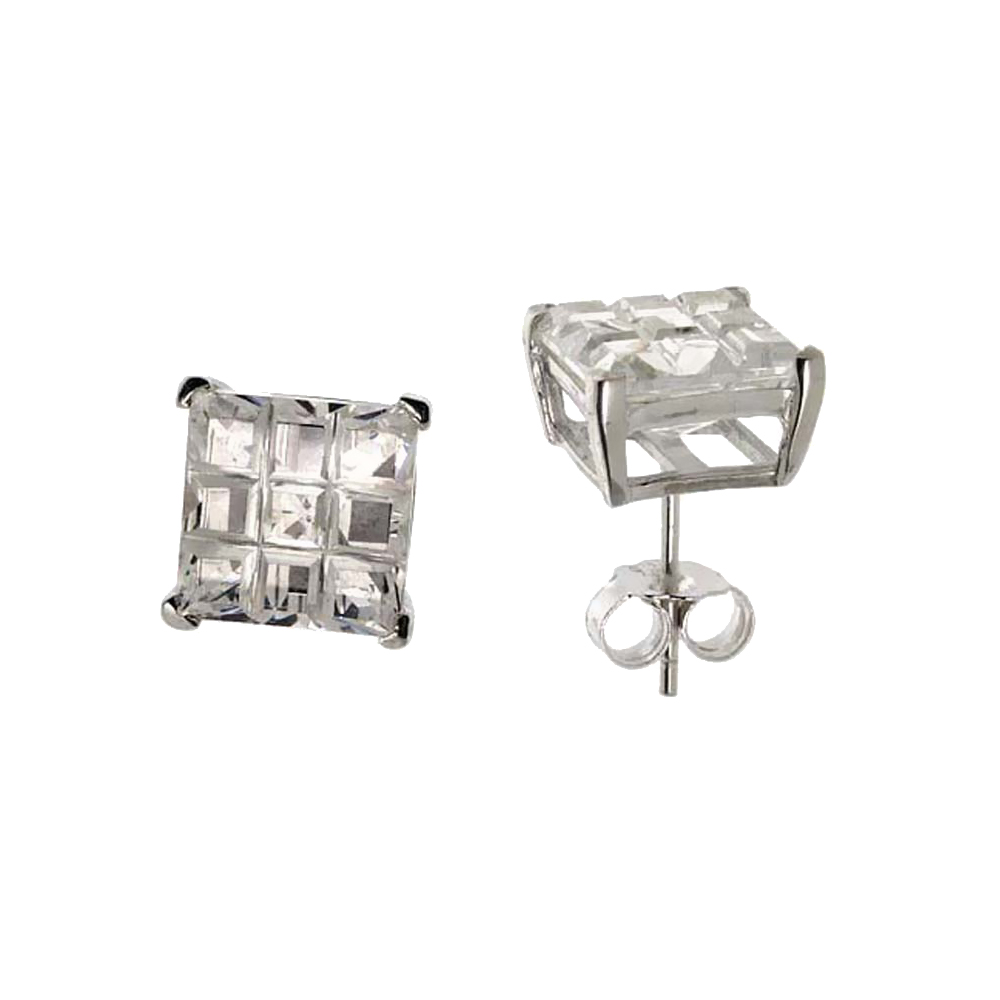 Sterling Silver Cubic Zirconia Invisible Cut Square Earrings Studs 9 mm Basket Set 8 carat/pair