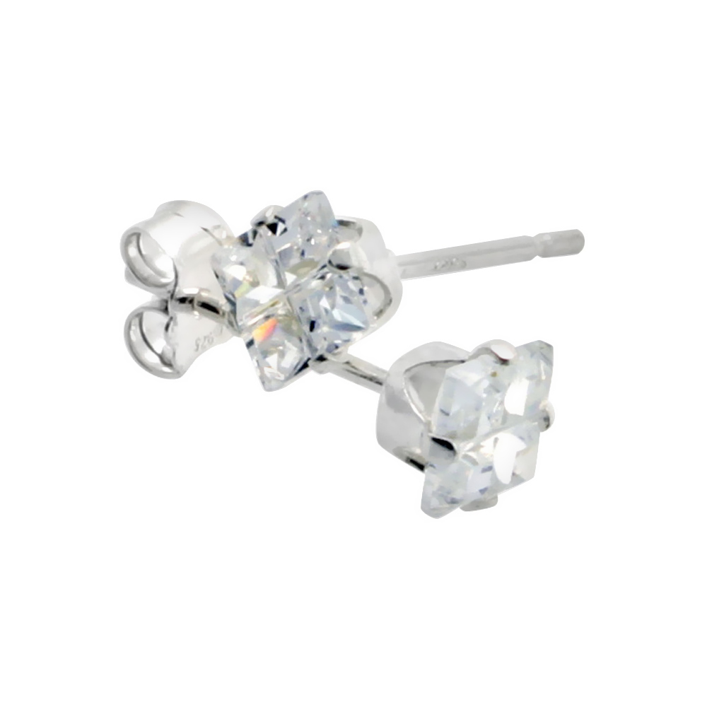 Sterling Silver Cubic Zirconia Invisible Cut Square Earrings Studs 4 mm 4 Prong 1/3 carat/pair