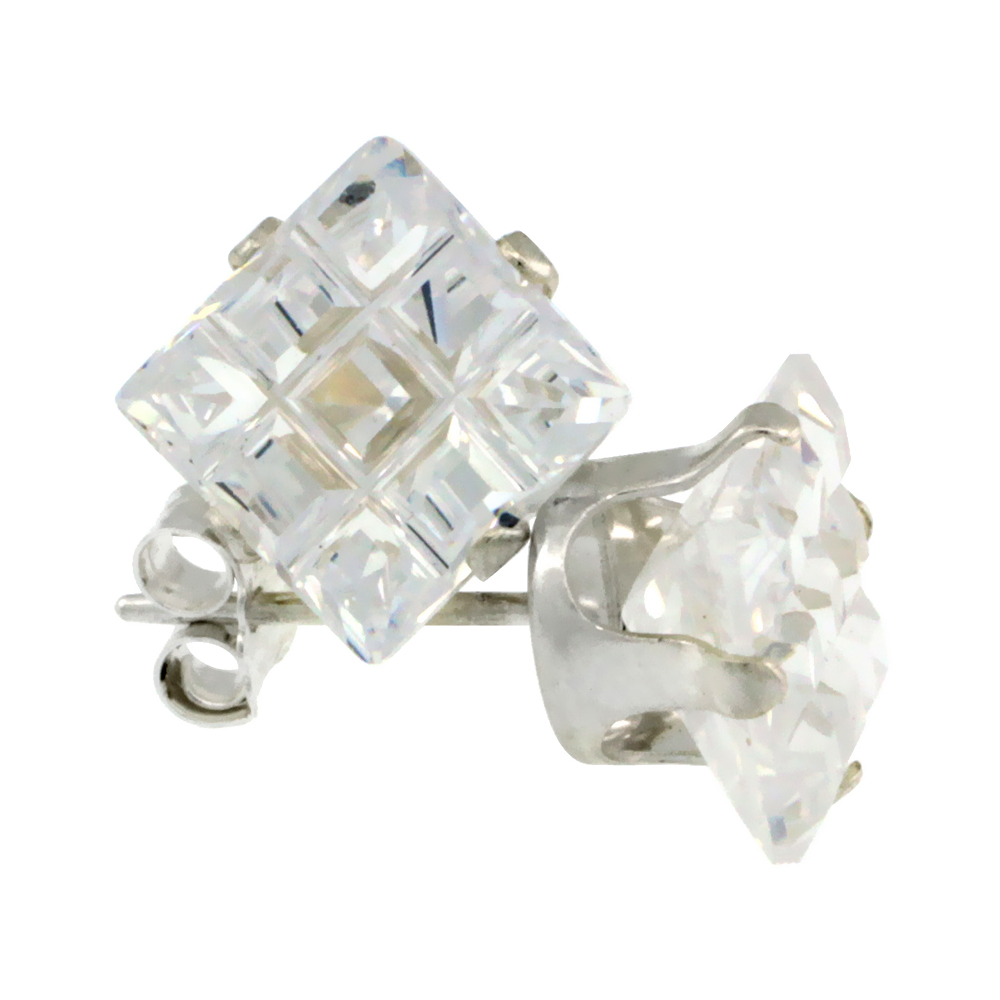 Sterling Silver Cubic Zirconia Invisible Cut Square Earrings Studs 7 mm 4 Prong 4 carat/pair