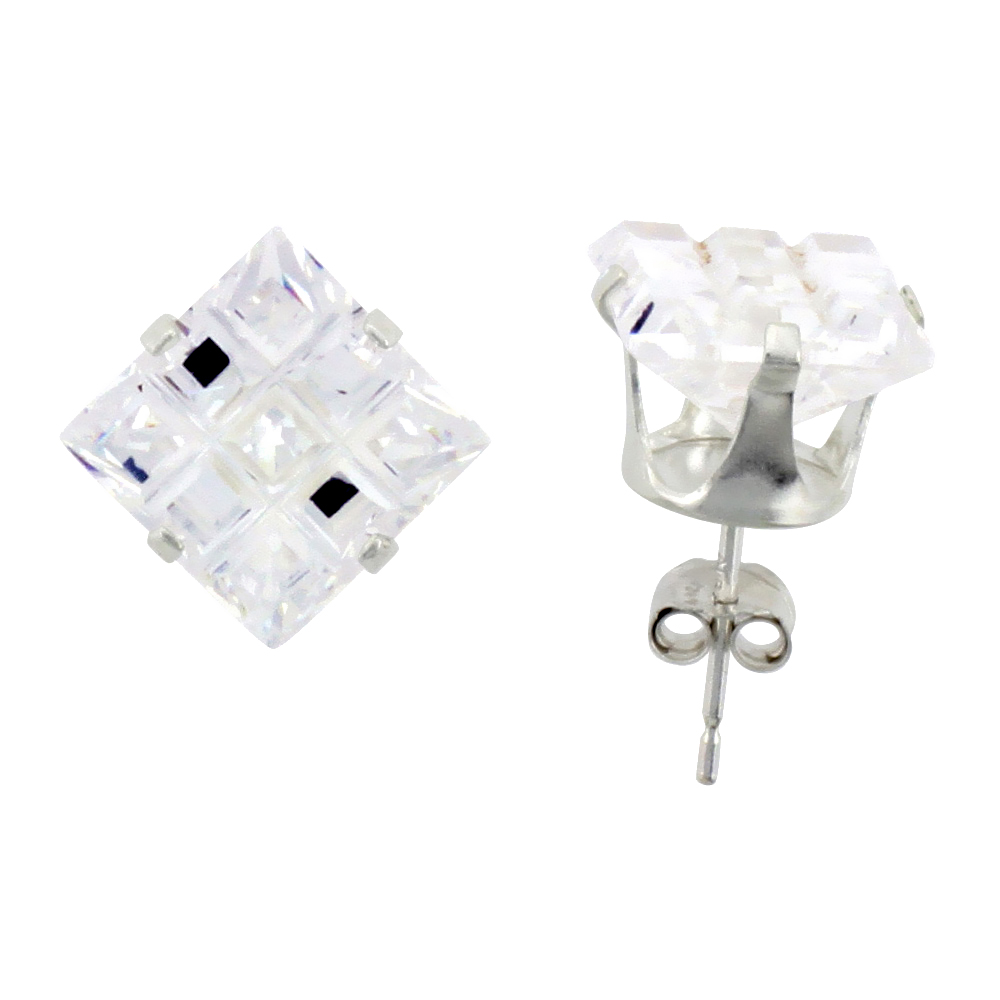 Sterling Silver Cubic Zirconia Invisible Cut Square Earrings Studs 8 mm 4 Prong 6 carat/pair