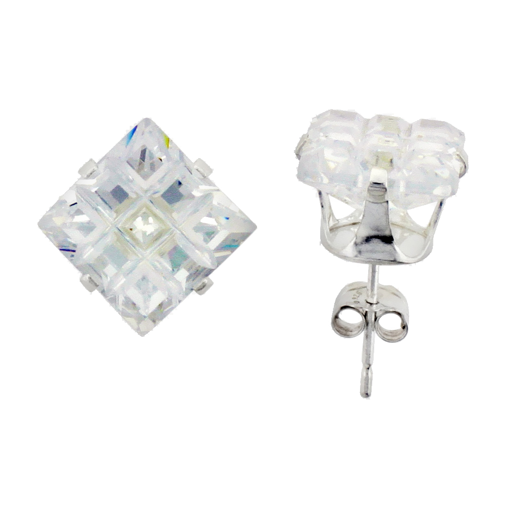 Sterling Silver Cubic Zirconia Invisible Cut Square Earrings Studs 9 mm 4 Prong 8 carat/pair