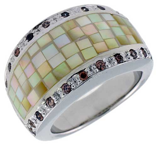 Sterling Silver Natural Shell Mosaic &amp; CZ Outline Ring, 9/16 inch wide