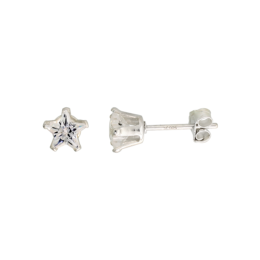 STERLING SILVER CUBIC ZIRCONIA STAR EARRINGS STUDS 5 MM