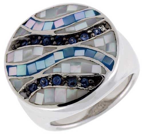 STERLING SILVER NATURAL SHELL MOSAIC & CZ RIBBON STRIPE RING ROUND, 13/16 INCH WIDE
