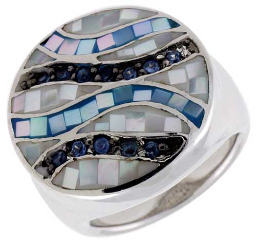 Sterling Silver Natural Shell Mosaic &amp; CZ Ribbon Stripe Ring Round, 13/16 inch wide