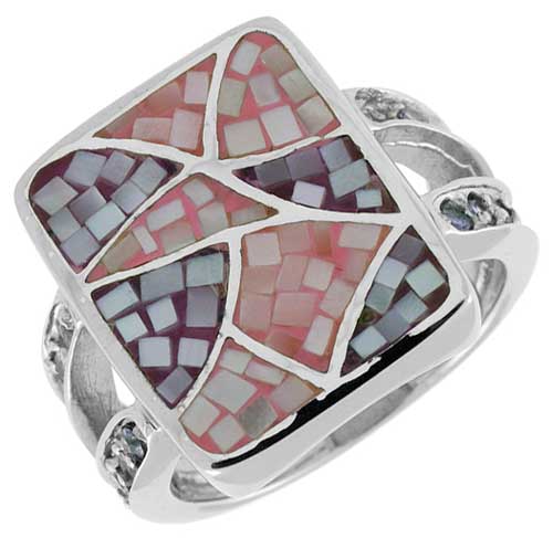 STERLING SILVER NATURAL SHELL MOSAIC RECTANGULAR CHANDELIER RING CZ ACCENT, 5/8 INCH WIDE