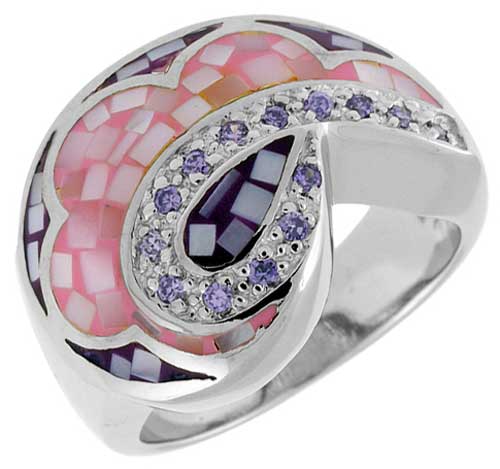 STERLING SILVER NATURAL SHELL MOSAIC TEARDROP RING CZ ACCENT, 5/8 INCH WIDE