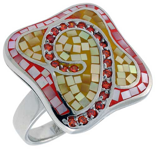 STERLING SILVER NATURAL SHELL MOSAIC QUATREFOIL RING CZ ACCENT, 1 1/8 INCH WIDE