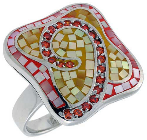 Sterling Silver Natural Shell Mosaic Quatrefoil Ring CZ Accent, 1 1/8 inch wide