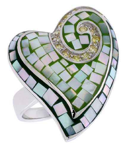 STERLING SILVER NATURAL SHELL MOSAIC HEART RING CZ ACCENT, 29/32 INCH WIDE
