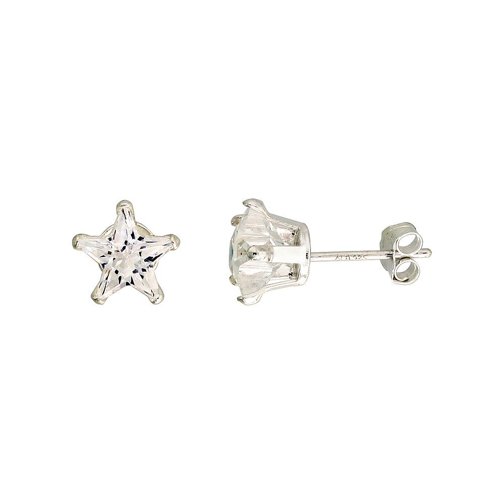 STERLING SILVER CUBIC ZIRCONIA STAR STUD EARRINGS 7 MM WHITE