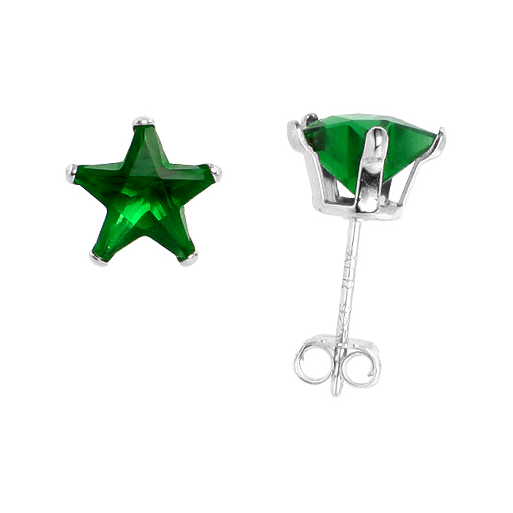 STERLING SILVER CUBIC ZIRCONIA EMERALD STAR STUD EARRINGS 7 MM GREEN COLOR