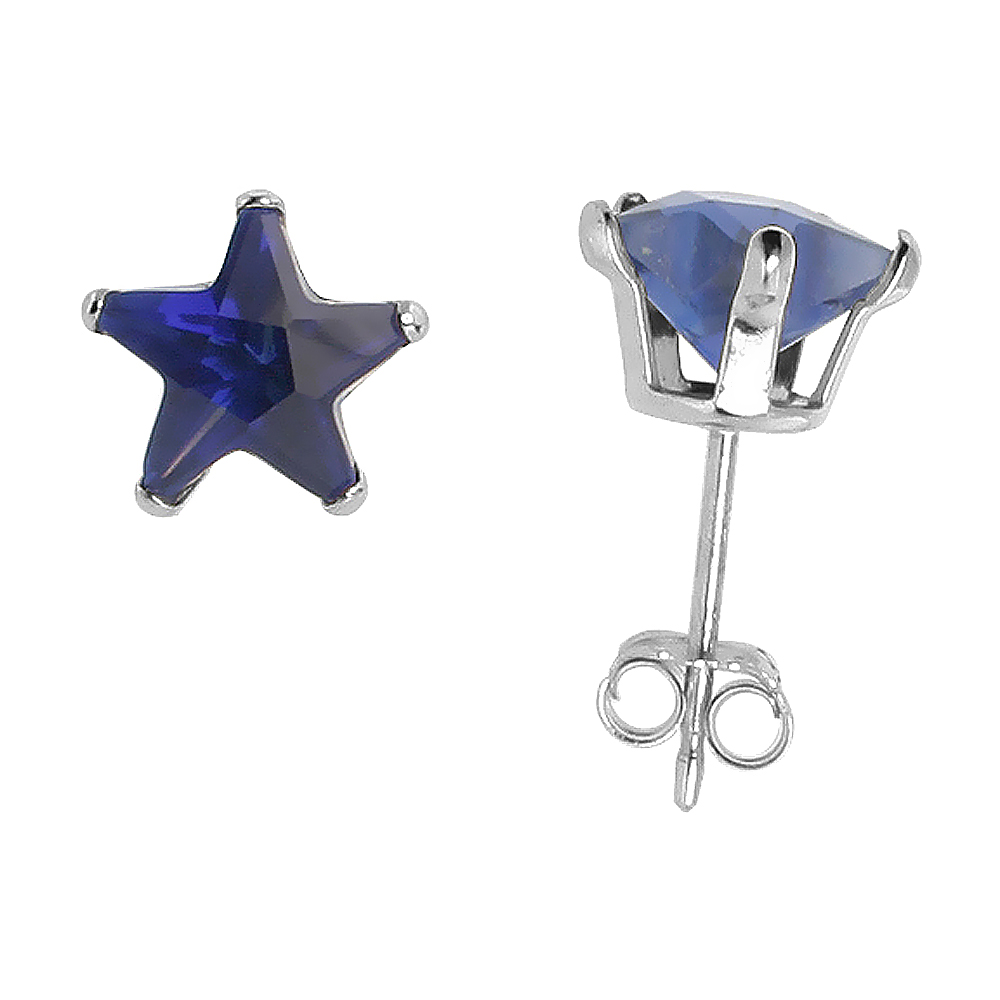 STERLING SILVER CUBIC ZIRCONIA BLUE SAPPHIRE STAR STUD EARRINGS 7 MM NAVY COLOR