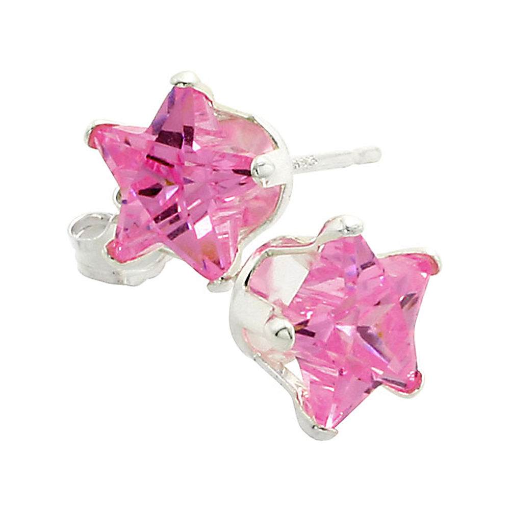 STERLING SILVER CUBIC ZIRCONIA PINK STAR STUD EARRINGS 7 MM PINK CZ