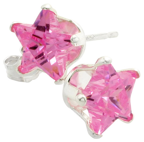 Sterling Silver Cubic Zirconia Pink Star Stud Earrings 7 mm Pink CZ