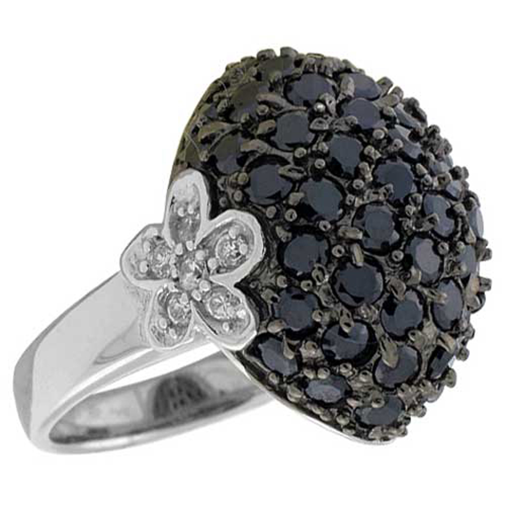 STERLING SILVER FLORAL RING, RHODIUM PLATED W/ 12 WHITE & 45 BLACK 2MM CZ'S, 3/4" (19 MM) WIDE