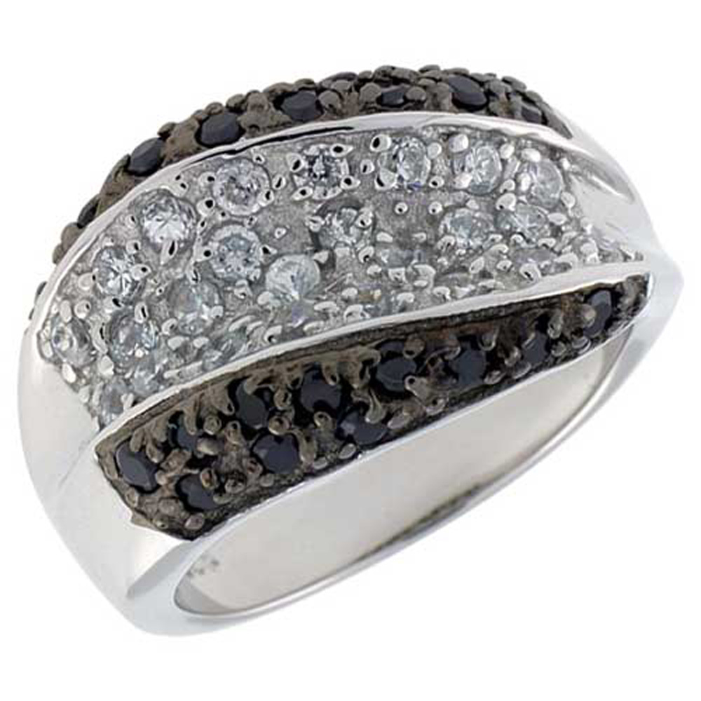 STERLING SILVER DOME RING, RHODIUM PLATED W/ 25 WHITE & 22 BLACK CZ'S, 9/16" (14 MM) WIDE