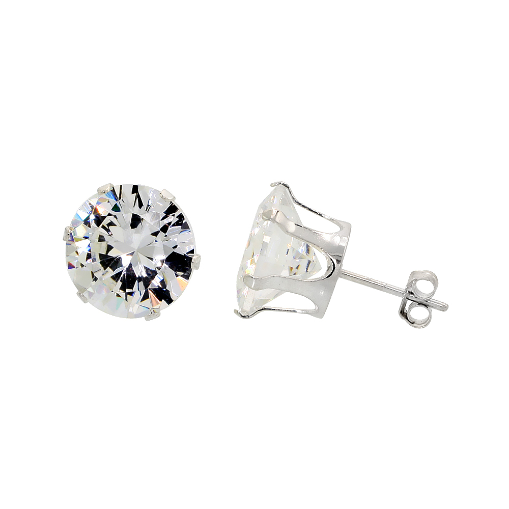 STERLING SILVER CUBIC ZIRCONIA EARRINGS STUDS 11 MM 4 PRONG 10 CARAT/PAIR