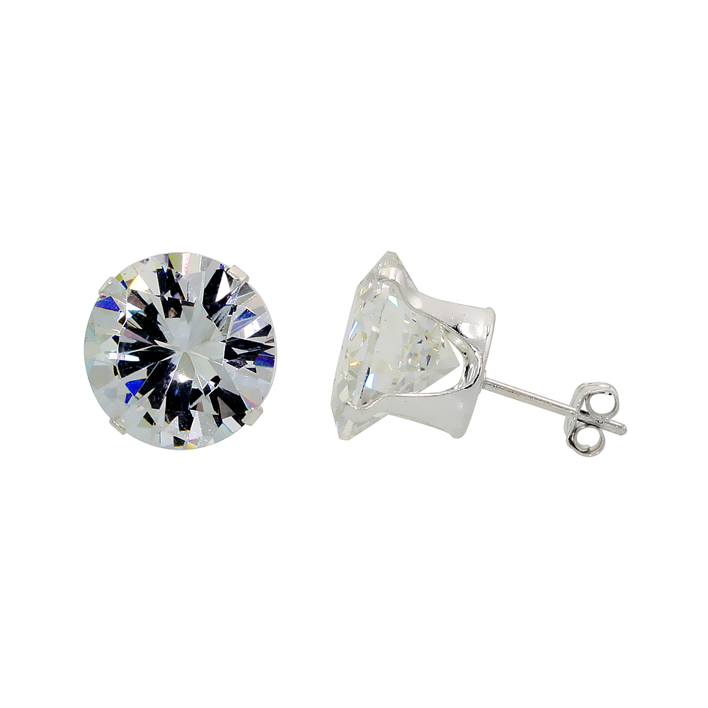 STERLING SILVER CUBIC ZIRCONIA EARRINGS STUDS 12 MM 4 PRONG 14 CARAT/PAIR