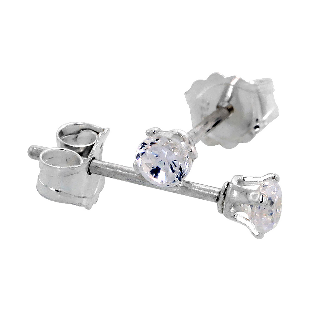 STERLING SILVER TINY 2.5MM CUBIC ZIRCONIA EARRINGS STUDS 4 PRONG 1/10 CARAT/PAIR