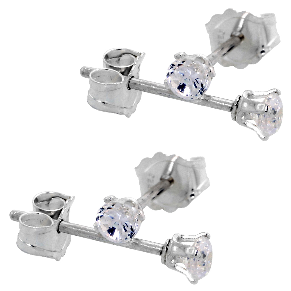 2-PAIR SET STERLING SILVER TINY 2.5MM CUBIC ZIRCONIA EARRINGS STUDS 4 PRONG 1/10 CARAT/PAIR