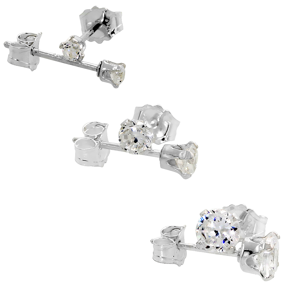 3-PAIR SET STERLING SILVER 2 3 AND 4MM CUBIC ZIRCONIA EARRINGS STUDS CARTILAGE