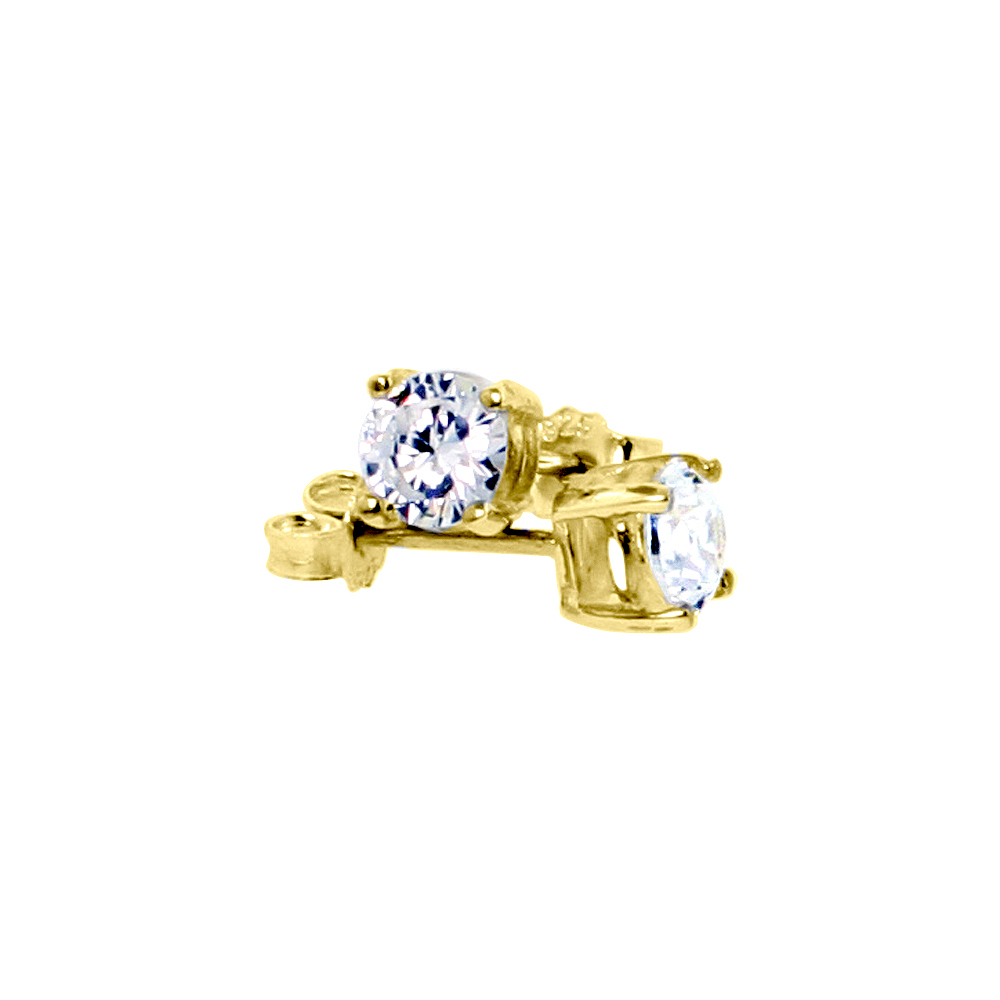 GOLD PLATED STERLING SILVER 5MM CUBIC ZIRCONIA STUD EARRINGS BASKET SETTING 1 CARAT/PR