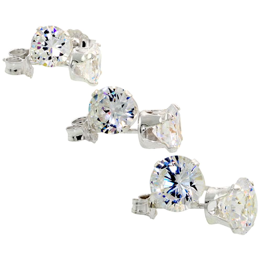 3 PAIR SET STERLING SILVER CUBIC ZIRCONIA EARRINGS STUDS 5, 6 AND 7MM