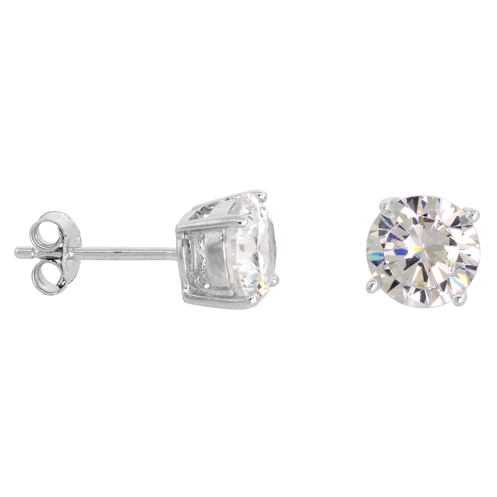 STERLING SILVER CUBIC ZIRCONIA EARRINGS STUDS 7 MM BASKET SETTING 2.5 CARATS/PR