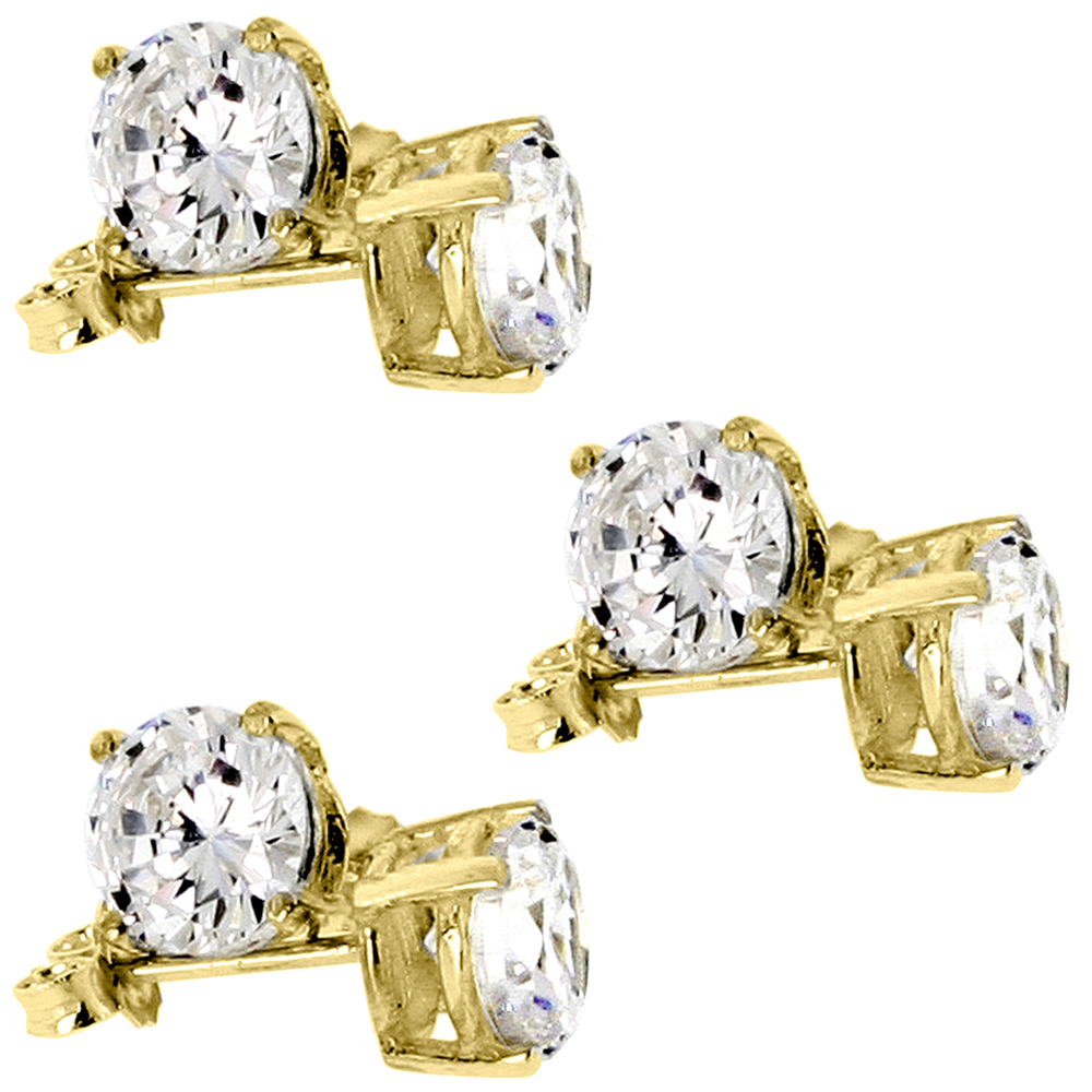 3-PACK GOLD PLATED STERLING SILVER 7MM CUBIC ZIRCONIA STUD EARRINGS BASKET SETTING 2.5 CARATS/PR