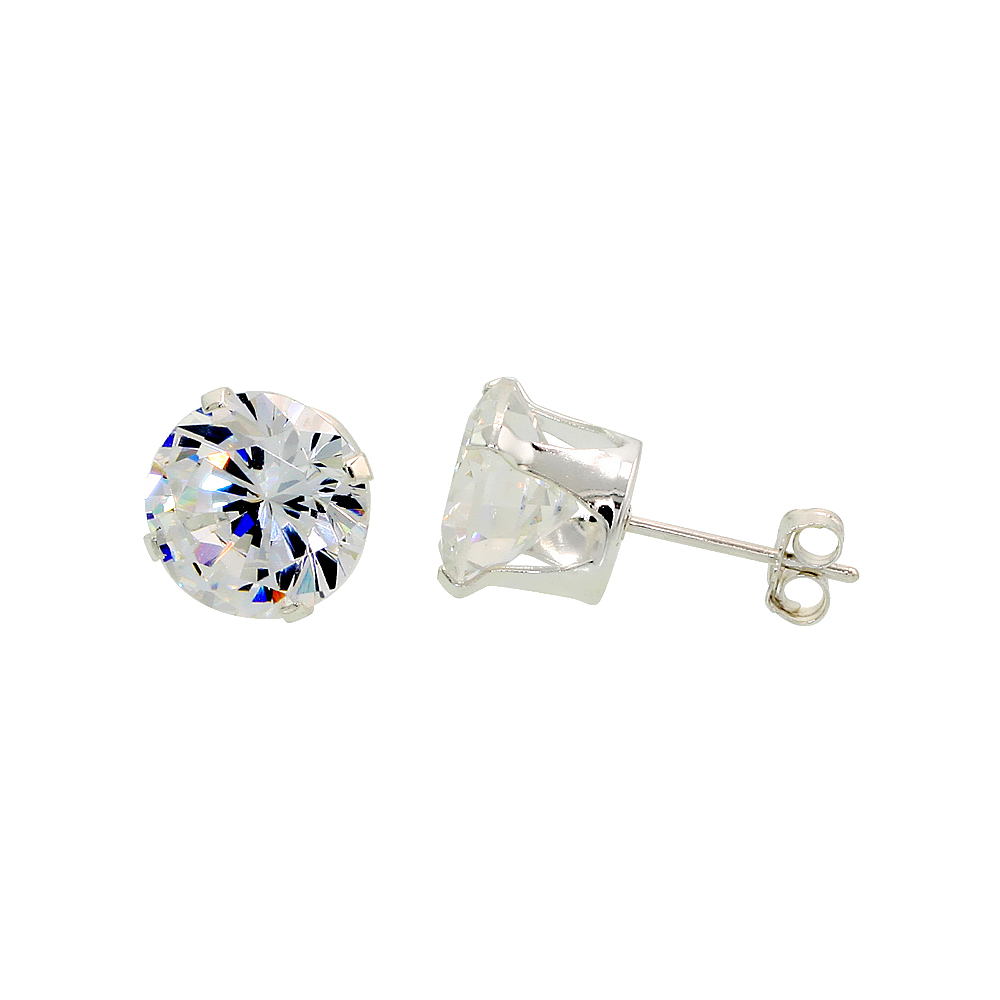 10 PAIR SET STERLING SILVER CUBIC ZIRCONIA EARRINGS STUDS 9 MM 4 PRONG 5.5 CARATS/PAIR