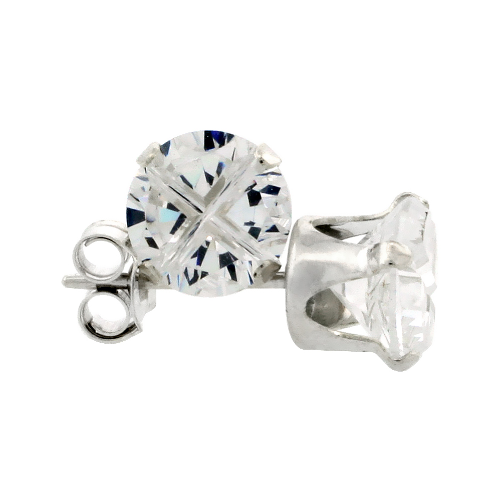 STERLING SILVER CUBIC ZIRCONIA EARRINGS STUDS 6 MM ROUND INVISIBLE CUT 2 CARAT/PAIR