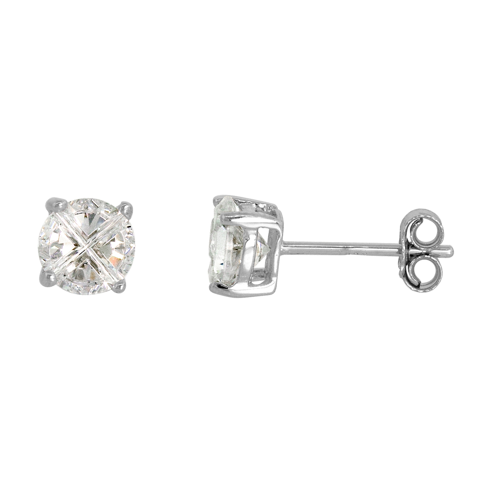 STERLING SILVER CUBIC ZIRCONIA INVISIBLE CUT ROUND EARRINGS STUDS 6 MM BASKET SET 2 CARATS/PAIR