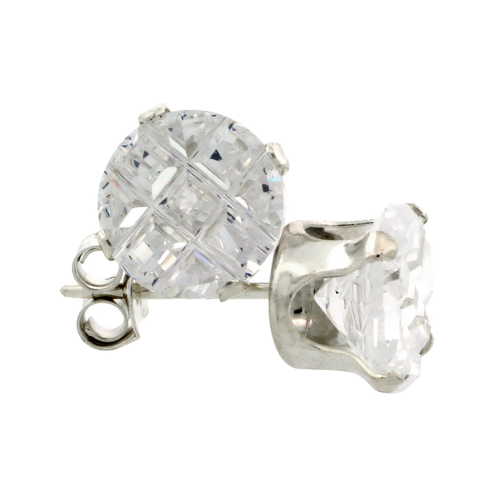STERLING SILVER CUBIC ZIRCONIA EARRINGS STUDS 7 MM ROUND INVISIBLE CUT 2.5 CARAT/PAIR