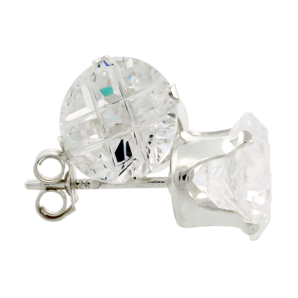 STERLING SILVER CUBIC ZIRCONIA EARRINGS STUDS 8 MM ROUND INVISIBLE CUT 4 CARAT/PAIR