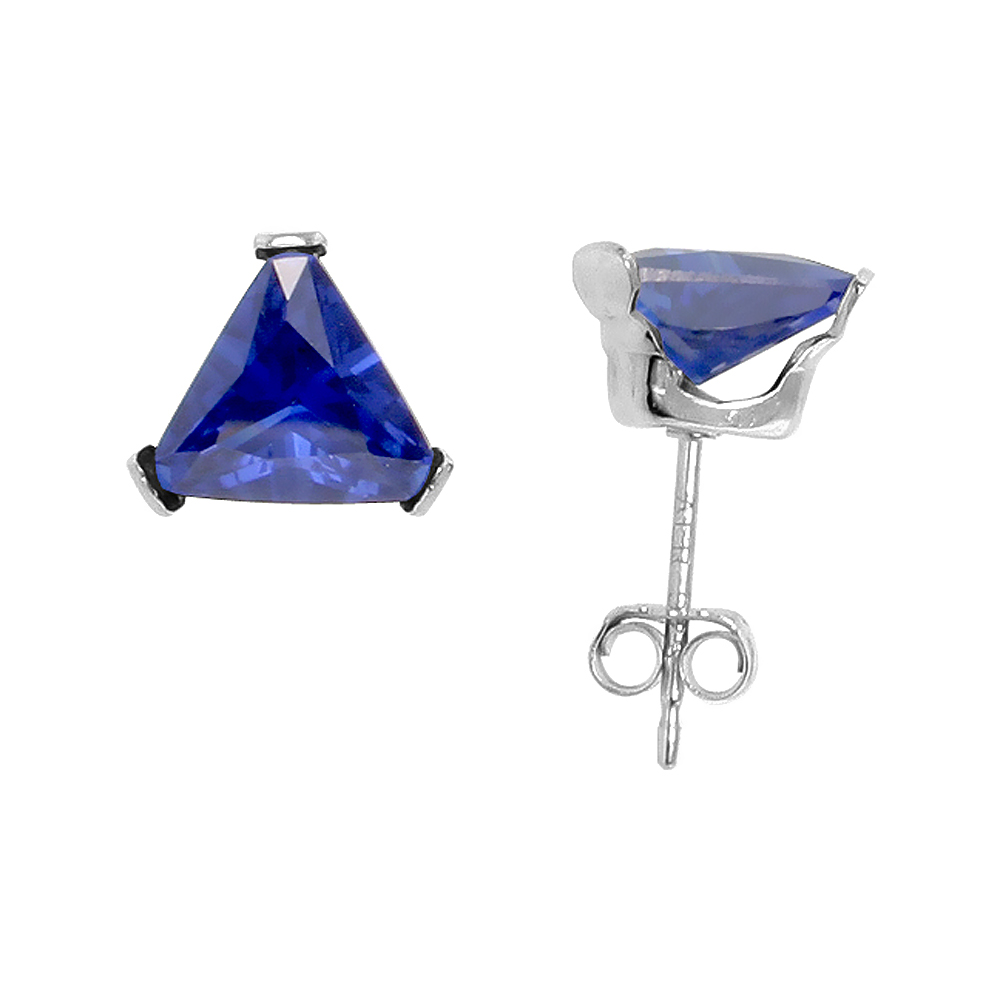 STERLING SILVER CUBIC ZIRCONIA TRIANGLE SAPPHIRE EARRINGS STUDS 7 MM NAVY COLOR 2 1/4 CARAT/PAIR