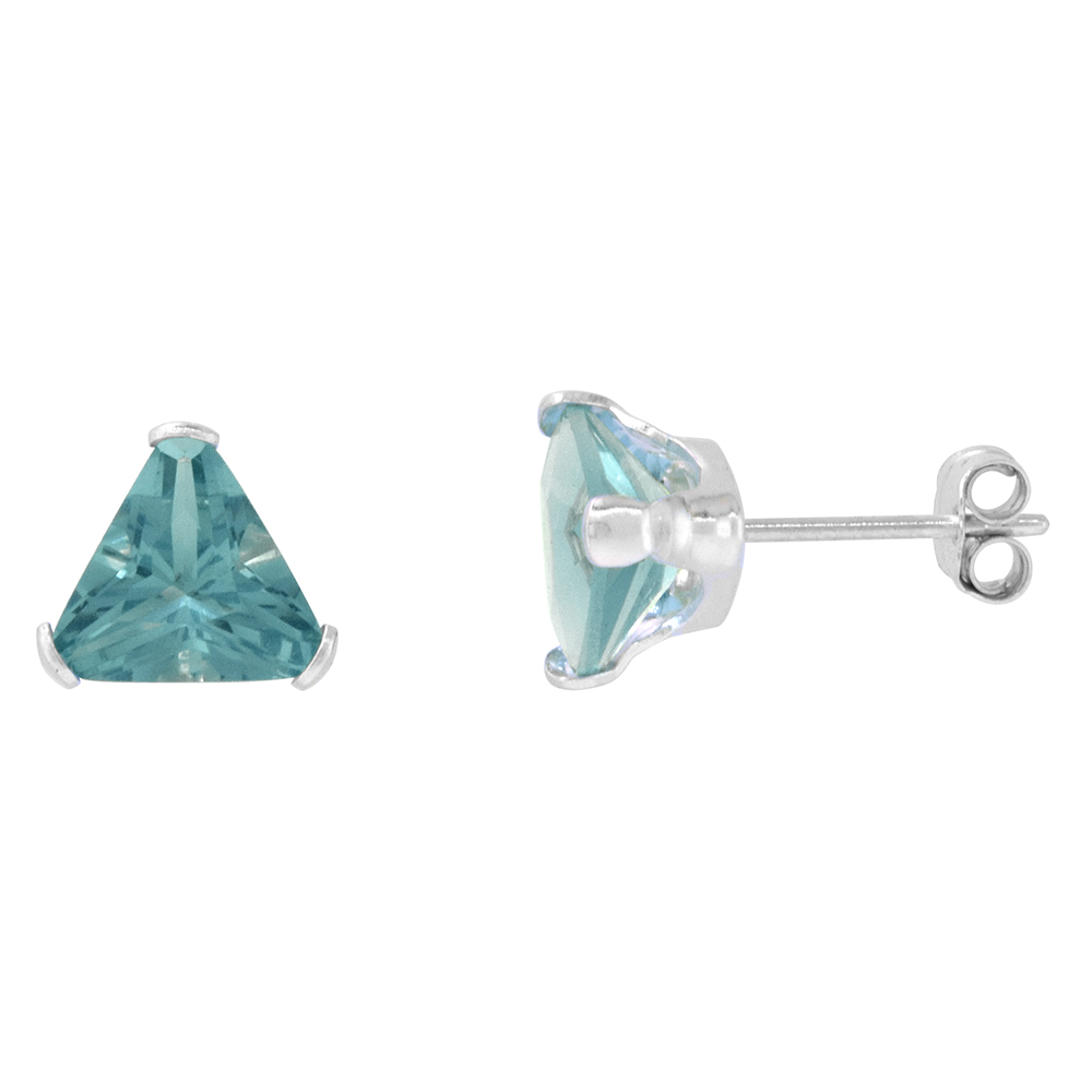 STERLING SILVER CUBIC ZIRCONIA TRIANGLE BLUE TOPAZ EARRINGS STUDS 7 MM 2 1/4 CARAT/PAIR