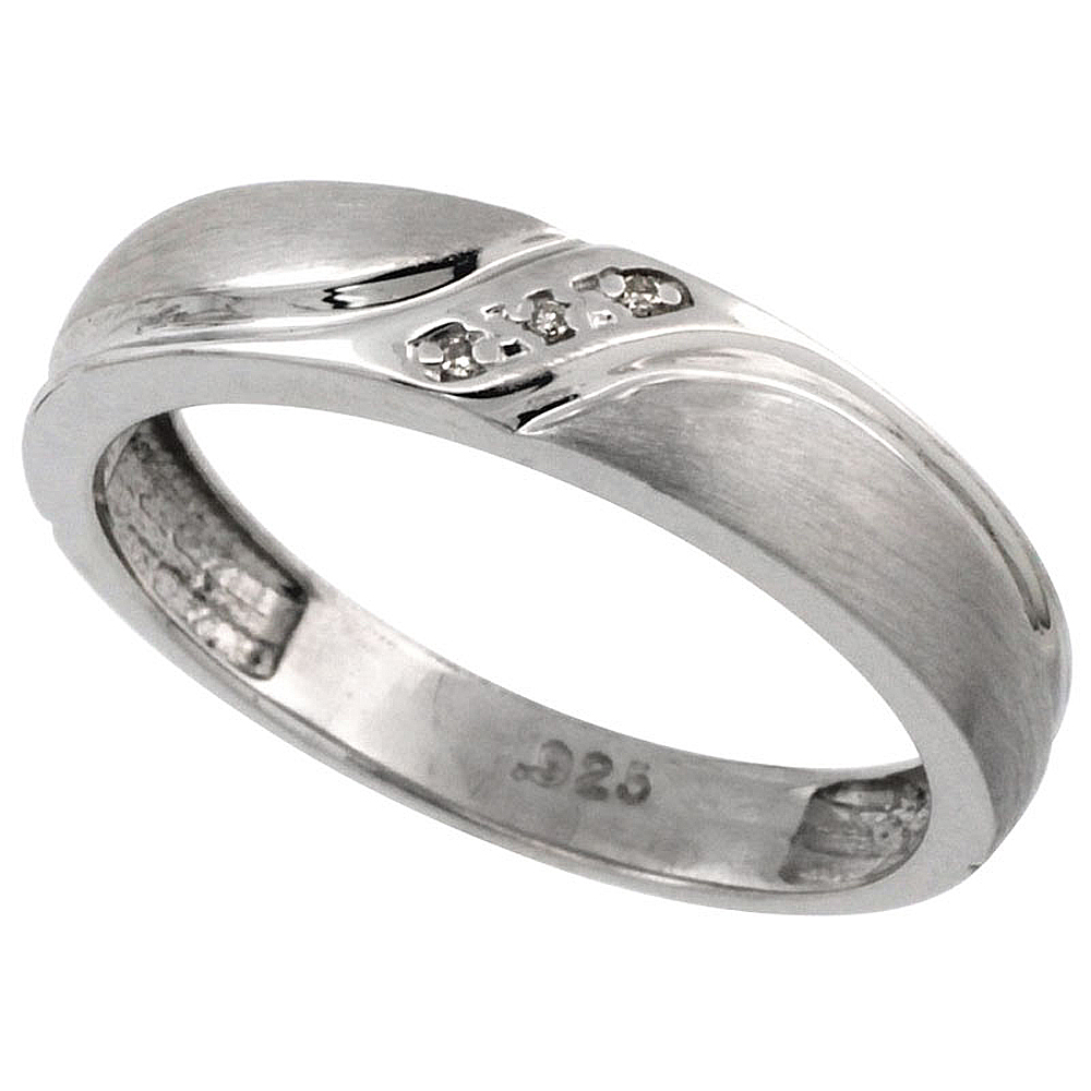 Sterling Silver Men's Diamond Wedding Ring Band, w/ 0.019 Carat Brilliant Cut Diamonds, 3/16 in. (5mm) wide