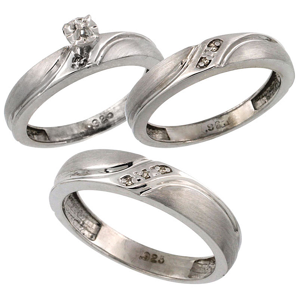 Sterling Silver 3-Pc. Trio His (5mm) & Hers (4mm) Diamond Wedding Ring Band Set, w/ 0.062 Carat Brilliant Cut Diamonds (Ladies' 